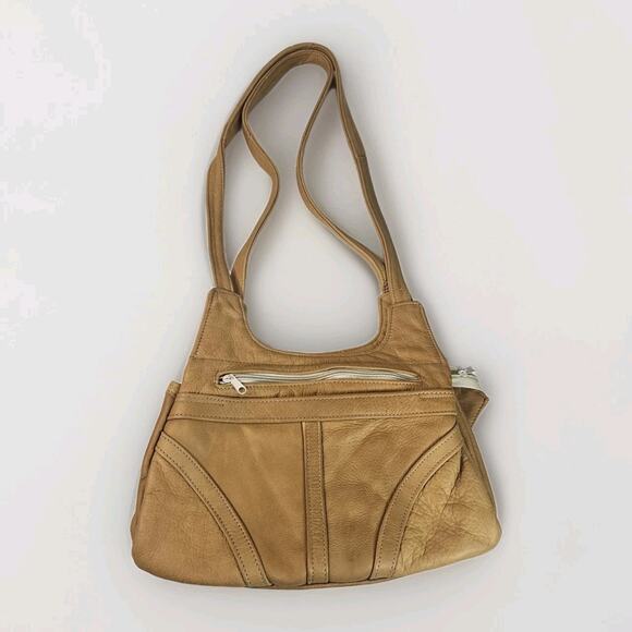 Vintage Soft Light Brown Leather 6 Pocket 2 Strap Whale Tail Lg Shoulder Bag - Picture 1 of 13